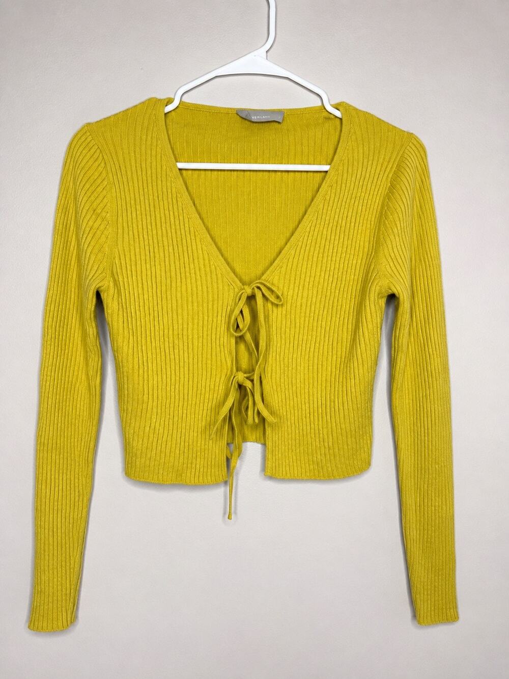 Everlane Yellow Ribbed Tie Front Cardigan Size Small Cropped Long Sleeve Sweater